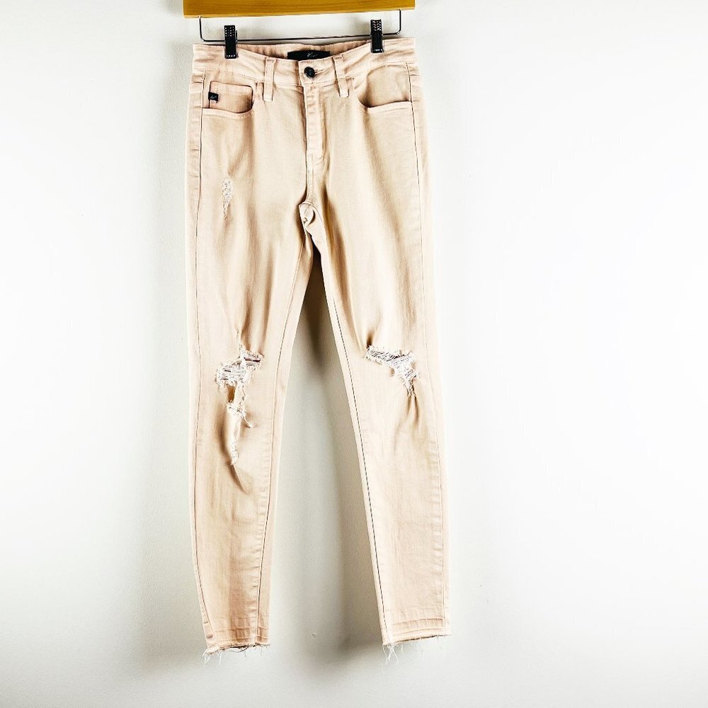 2/$20 KanCan Peach Distressed Raw Hem Ankle Skinny Jeans Stretch Size 25